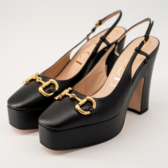 size 40.5G - Gucci Horsebit 120 Black Leather Slingback Platform Pump - Picture 1 of 11